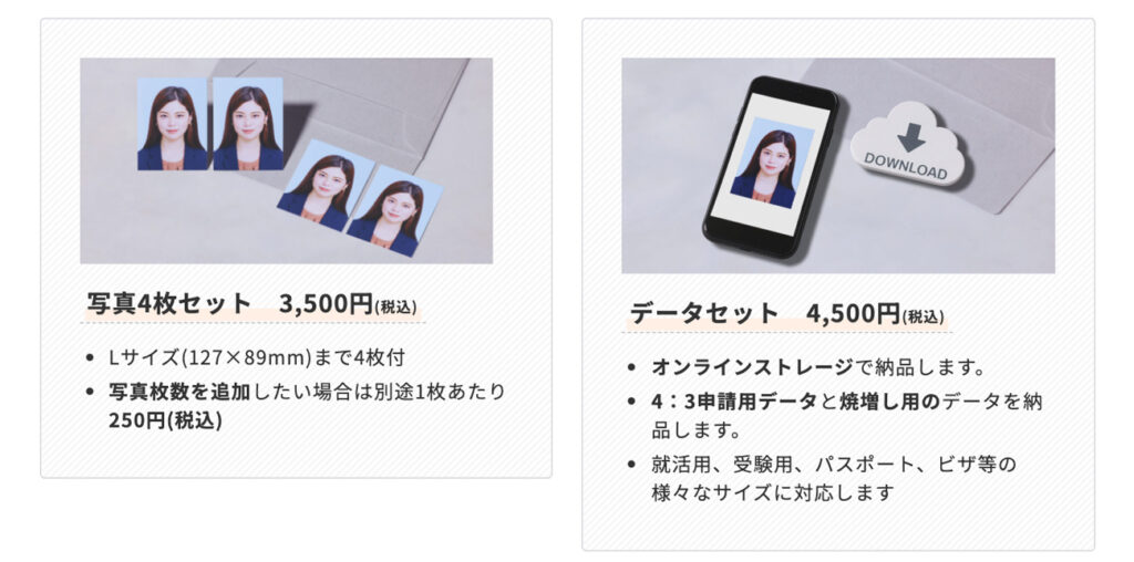 証明写真スタンダードプラン料金