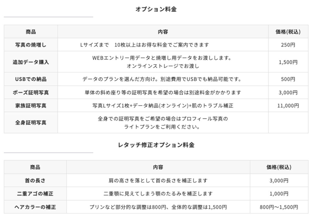 証明写真オプション料金
